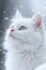 Portrait of cute white cat with blue eyes looking up amidst gentle snowfall in grey background