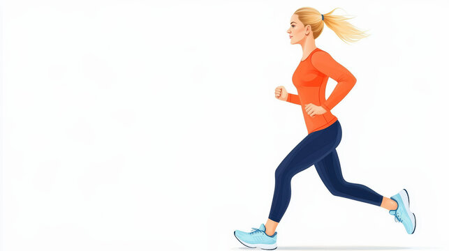 A woman in a red-orange top and blue leggings is jogging energetically, with her blonde hair tied back, conveying a sense of movement.