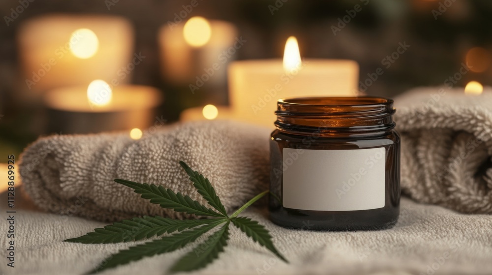 Aufkleber A calming setting featuring a dark amber jar surrounded by soft towels and fresh green leaves.