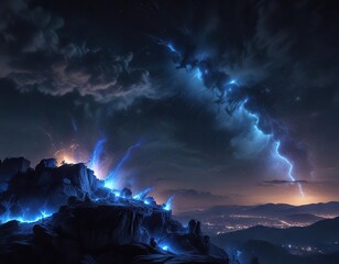 Electric blue splashes illuminate the night sky, cosmic, electric, glow