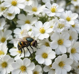 Close-up photo of a fly camouflaged as a wasp on white flowers,  floral,  camouflage