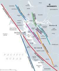 San Francisco Bay Area, major fault lines, gray political map. Bay Area, traversed by major fault systems, stressed by the relative motion between Pacific and North America Plate, causing earthquakes.