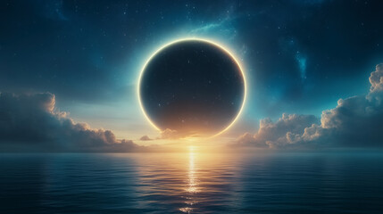 A breathtaking celestial phenomenon, a solar eclipse over a serene ocean, illuminates the horizon with a glowing halo at sunrise.