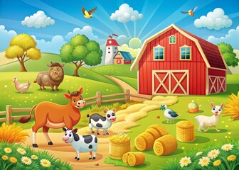 Colorful Cartoon Illustration of a Vibrant Farm Scene with a Red Barn, Straw Bales, Green Pastures, and Playful Animals in a Sunny Sky for a Cheerful Rural Atmosphere