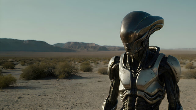 Android in alien landscape alien planet and looks out towards a rocky mountain range in the distance under a cloudy sky landscape background,