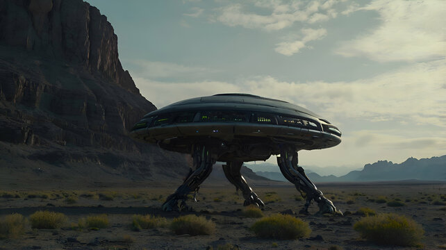 Android in alien landscape alien planet and looks out towards a rocky mountain range in the distance under a cloudy sky landscape background,