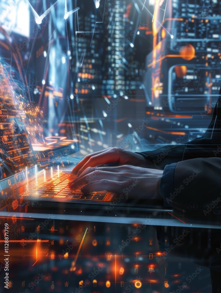 Poster hands on laptop keyboard with abstract digital elements in background