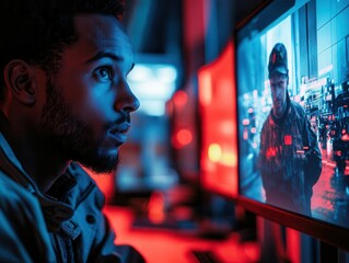 Obraz premium A security guard spotting a thief on a glowing monitor, alarms flashing red in the background, cinematic focus