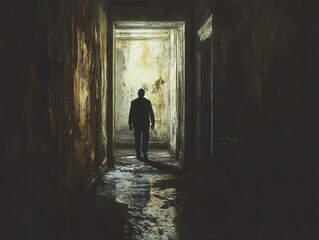 A shadowy figure sneaking through a dark corridor, illuminated faintly by moonlight, dramatic composition