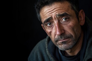 Fototapeta premium Portrait of a homeless man reflecting deep thoughts in a darkened space