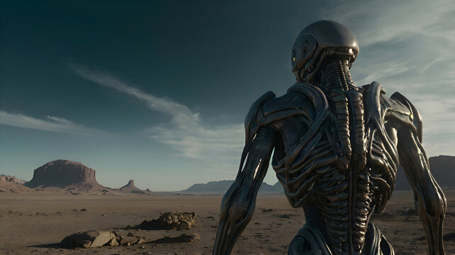 Android in alien landscape alien planet and looks out towards a rocky mountain range in the distance under a cloudy sky landscape background,