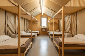 Shelter interior with beds arranged in two rows and simple furnishings