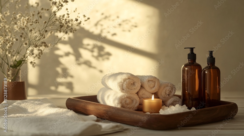 Poster this space features a wooden tray with neatly rolled towels and amber bottles containing eco-friendl