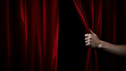 Hand open red stage curtain on black background