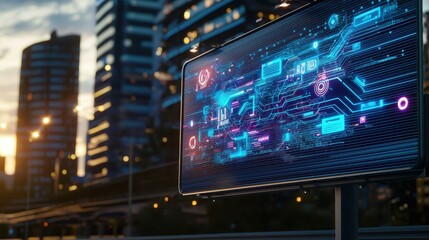 Obraz premium Futuristic Digital Billboard with Neon Circuitry in Urban Setting