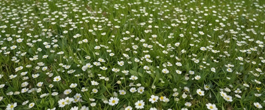 Tiny gatsaniye & pyrethrum blossoms carpet lush green lawn ,  macro,  gatsaniye