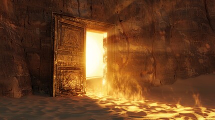 a high-resolution photo of a grand ornate wooden door in the middle of a desolate desert