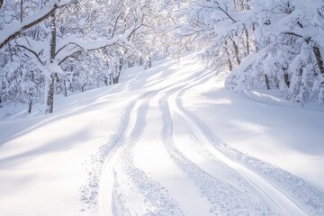 Ski tracks carved into fresh snow winding through a serene winter landscape