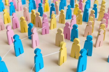 Colorful Network of Wooden Figures Representing Community and Connection