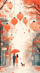 Fototapeta premium A couple standing on a street full of lanterns