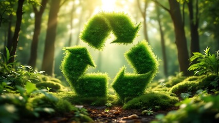 Green recycling symbol on blurred forest background, sunlight