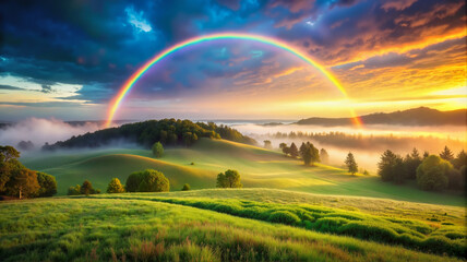 Obraz premium Bright rainbow over green grassy hills