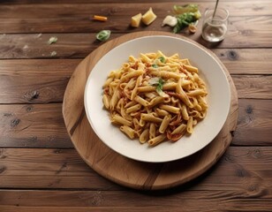 A steaming plate of pasta on a brown wooden table, table setting, plate on table, italian cuisine