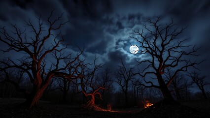 Naklejka premium Eerie Nightscape with Gnarled Trees and Full Moon Illuminating a Campfire