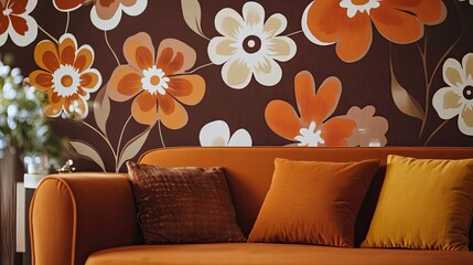 Orange velvet sofa with floral wallpaper.