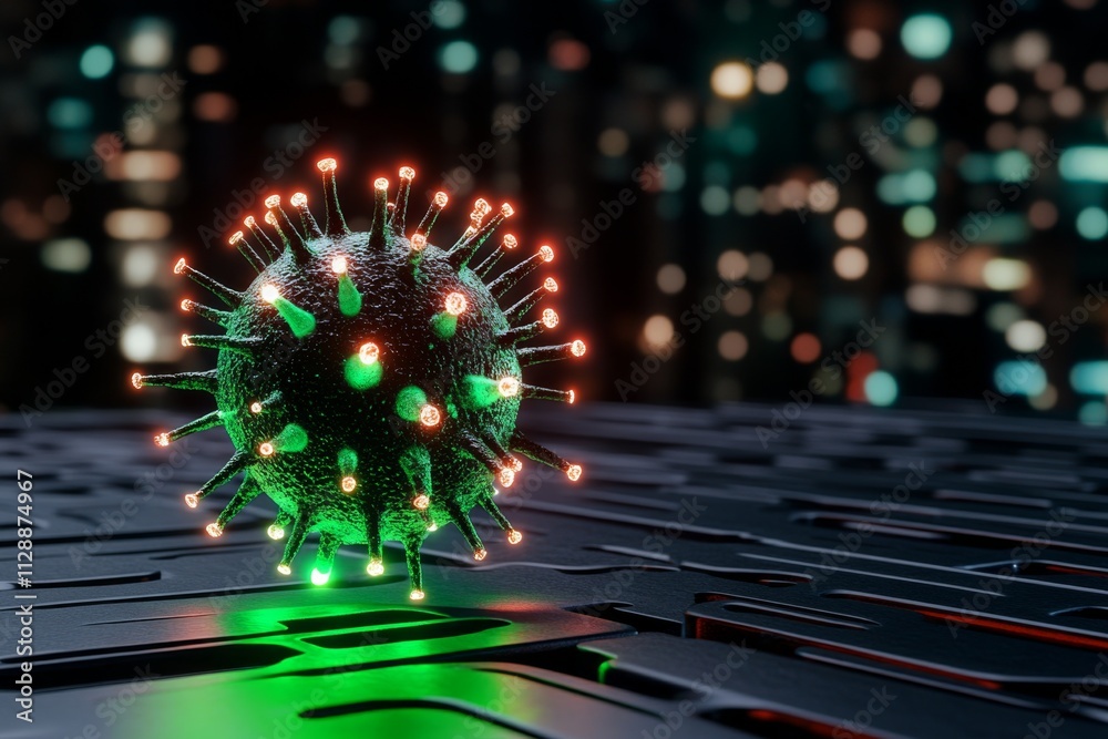 Aufkleber a 3d-rendered model of a virus structure floating in a dark void, surrounded by glowing digital anno