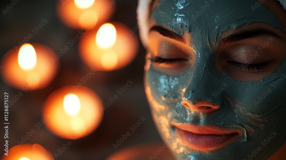 Poster a person relaxes with a green clay face mask applied, eyes closed in tranquility. soft candlelight e