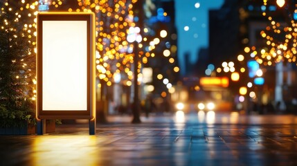 Naklejka premium Urban Street Scene with Blank Billboard and Holiday Lights at Dusk