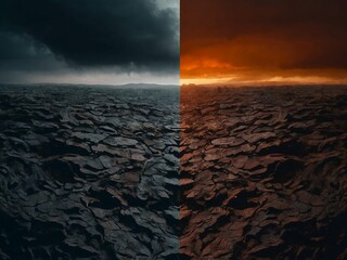 image showing division into two parts warm sunny light and dark side on scorched earth opposites of choice understanding philosophy of contrast