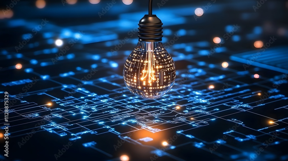 Wall mural illuminated lightbulb above circuit board.