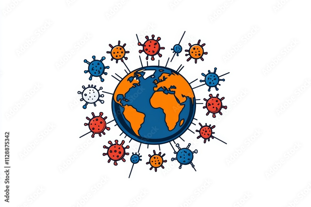 Poster a bold infographic-style design of a globe surrounded by abstract virus symbols, with clean lines an