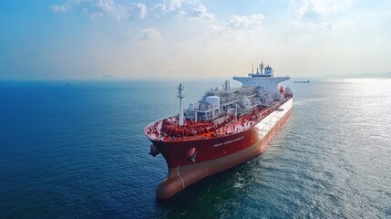 Fototapeta premium oil tanker, gas tanker in the high sea.Refinery Industry cargo ship. top view,aerial view,Thailand, in import export, LPG,oil refinery, Logistics and transportation with working crane bridge in harbor
