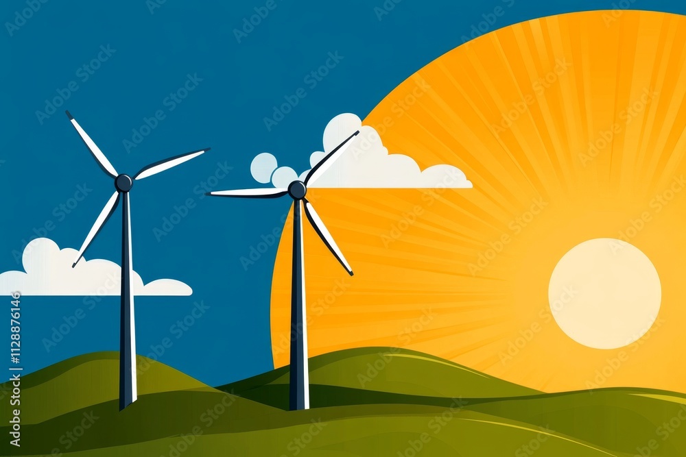 Poster a clean illustration of three turbines on rolling hills, drawn in bold, flat colors with simple geom