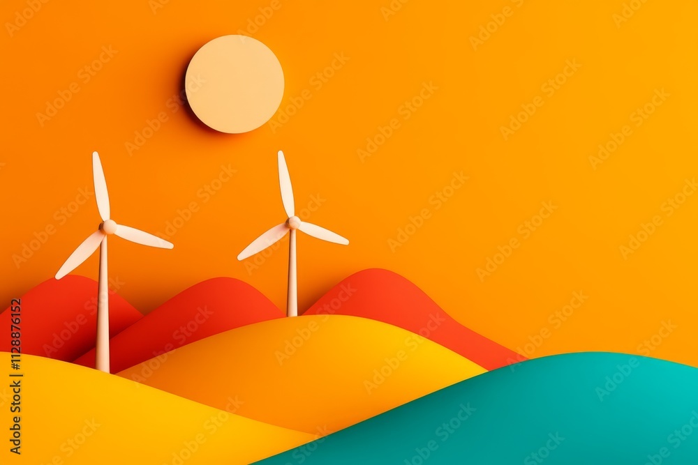 Poster a clean illustration of three turbines on rolling hills, drawn in bold, flat colors with simple geom
