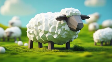 A low-poly sheep model in a vibrant, grassy landscape with other sheep in the background.