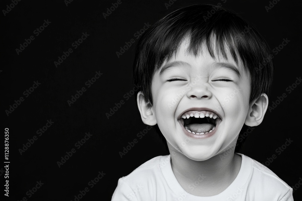 Poster a close-up of a child laughing uncontrollably, their eyes squeezed shut and pure joy radiating from 