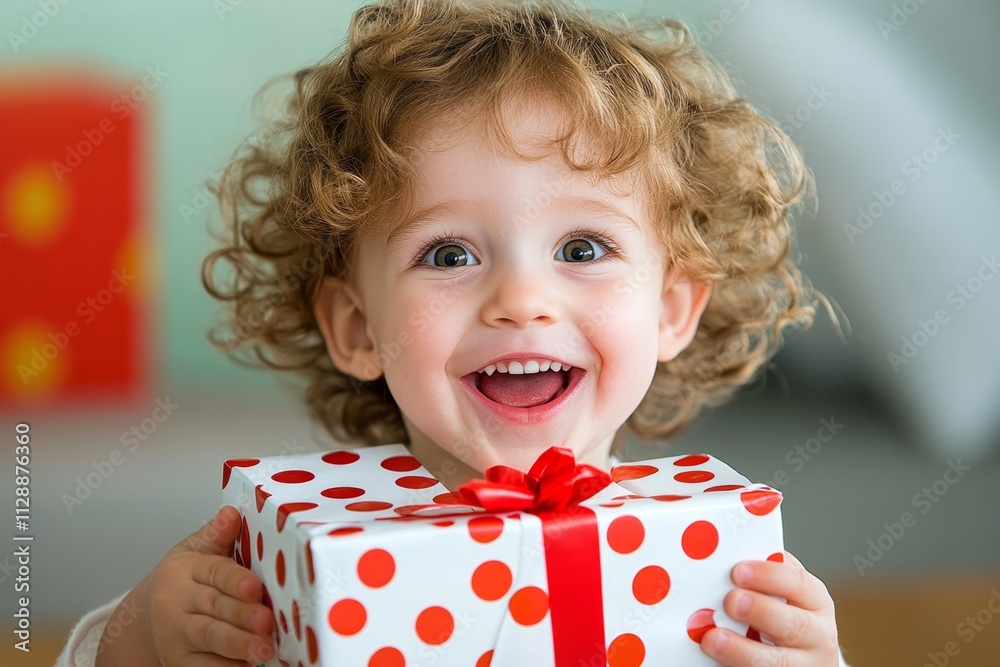 Poster a close-up of a child face lighting up in delight as they open a gift, their eyes sparkling with exc