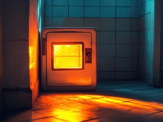 A symbolic glowing shadow creeping along a safe, representing the stealth of the thief, cinematic depth