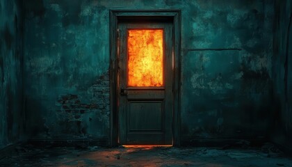 A symbolic glowing shadow overlay creeping across a doorway, cinematic suspense and depth