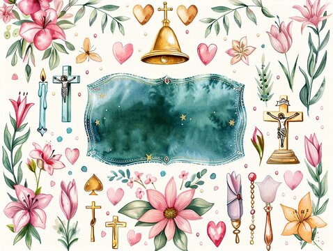 My first communion, written in stylish typography with subtle heart accents. card with pyx and holy rosary, chalice, host and lily flowersv