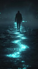 Fototapeta premium A symbolic glowing trail left by a thief being tracked in realtime, dramatic depth and suspenseful tones