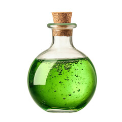 Glass potion bottle with cork stopper and bubbling green liquid isolated on transparent background