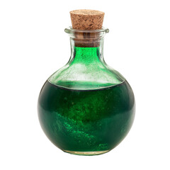 Glass potion bottle with cork stopper and bubbling green liquid isolated on transparent background
