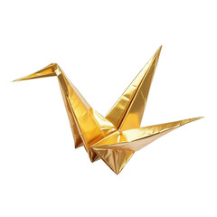 Origami crane made from metallic gold paper isolated on transparent background © Iana