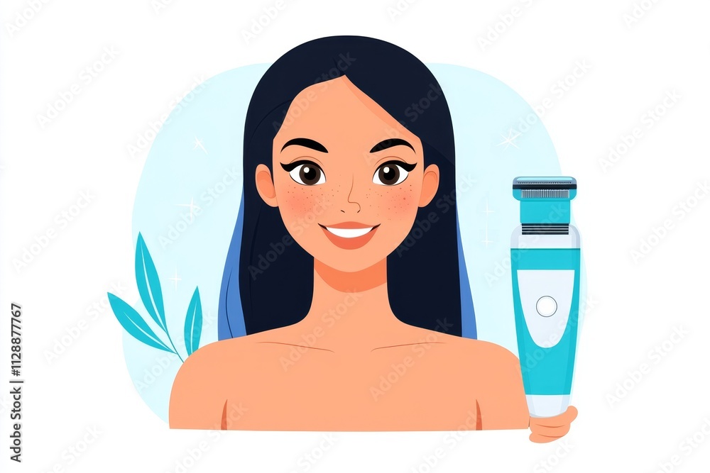 Poster A colorful 2D illustration of a person smiling while using an epilator, surrounded by playful sparkles, set against a clean white background