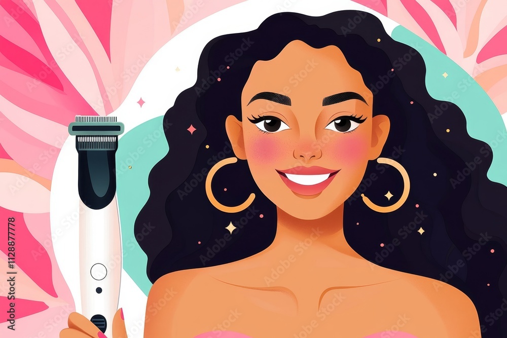 Aufkleber A colorful 2D illustration of a person smiling while using an epilator, surrounded by playful sparkles, set against a clean white background